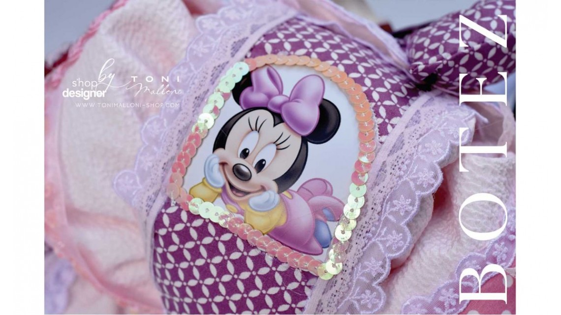 Lumanare cu Minnie Mouse Racer personalizata cu paiete roz si lila 11
